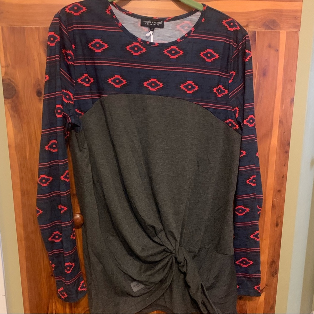 Simply Southern Aztec Print Front Knot Long Sleeve Top